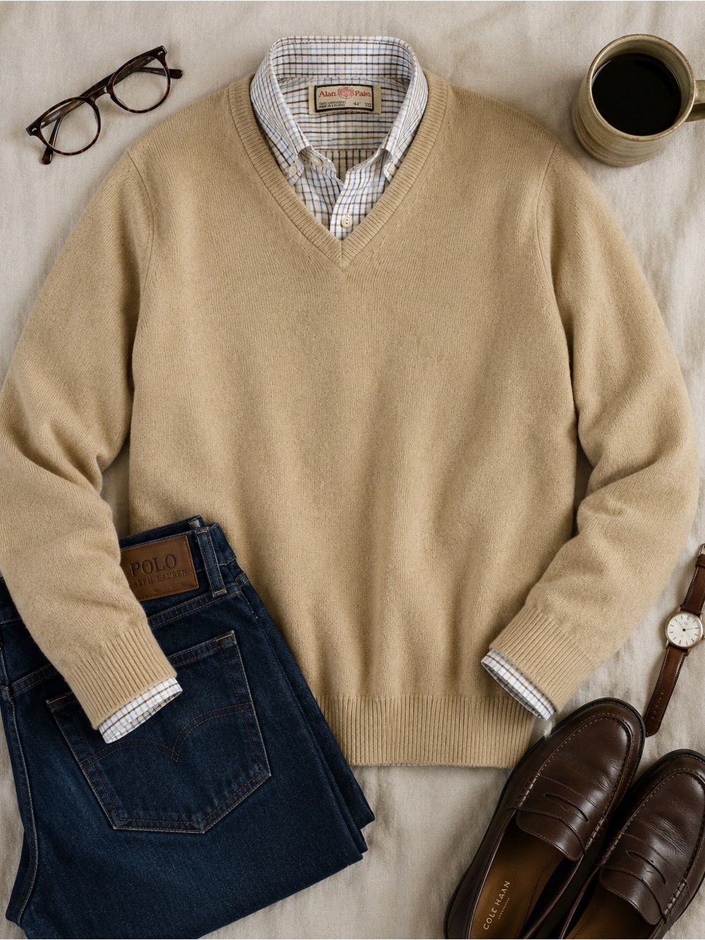 Alan Paine Men's V-Neck 100% lambswool England Sweater in Tan